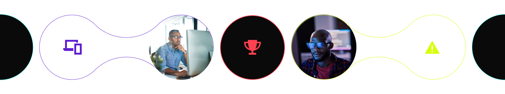 men working on computers, purple red and green icons, black circle graphic