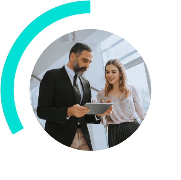 people talking together using a tablet