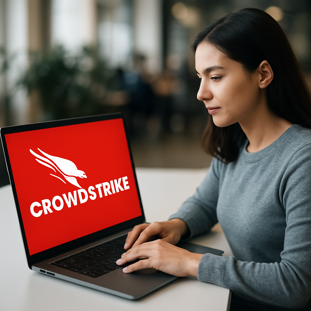 photographic women typing on a computer with crowdstrike falcon logo the crowdstrikecom logo zoomed out too big-1