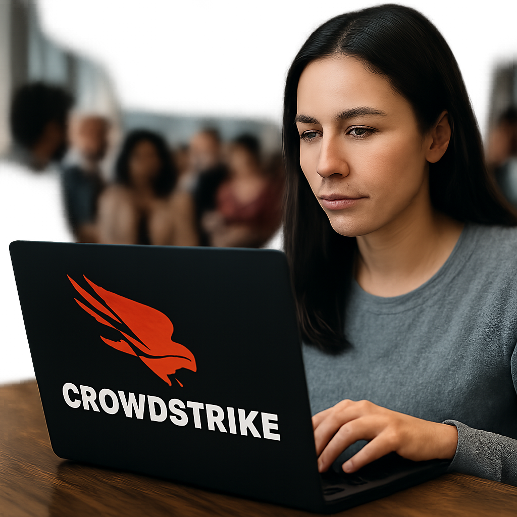 photographic women typing on a computer with crowdstrike falcon logo the crowdstrikecom logo-1